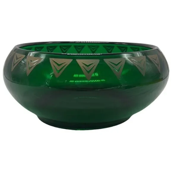 Dalzell Viking Bowl Epic Line Vintage Green Glass Geometric Gold Triangles MCM
